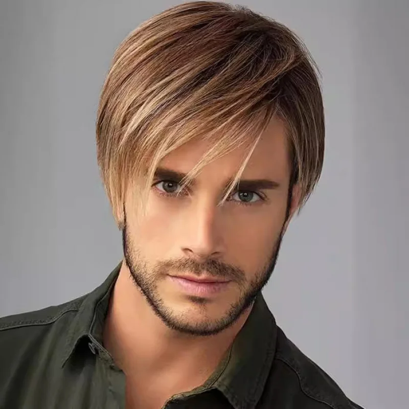 Peluca de pelo corto y liso para hombres europeos y americanos, con flequillo lateral castaño dorado