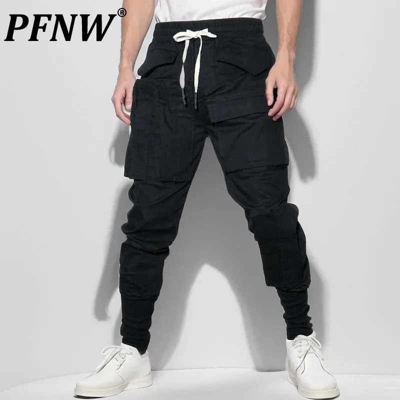 

PFNW Men's Pants Asymmetric Multi Pockets Cargo Trousers Elastic Waist Drawstring Straight Binding Leg Male Bottom Dark 12C720