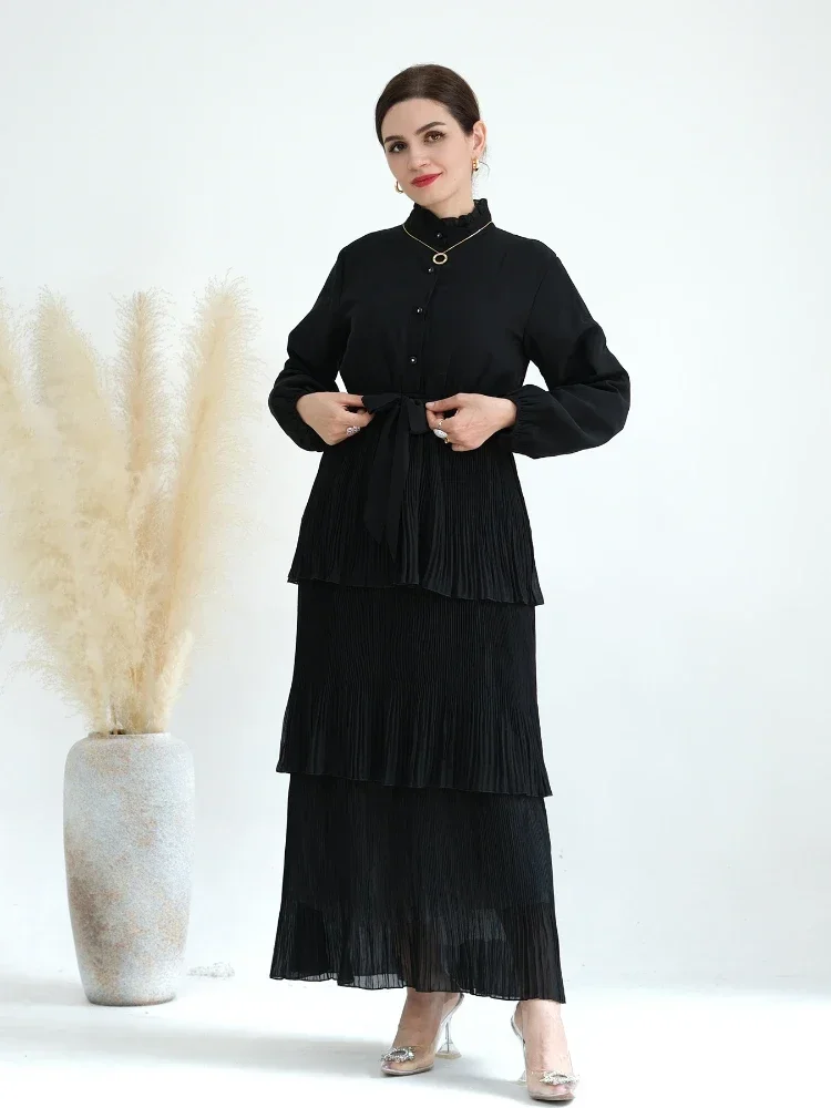 Eid Muslim 3 Layers Cake Dress Women Pleated Abaya Turtleneck Jalabiya Lace-up Morocco Party Dresses Kaftan Vestidos Long Robe