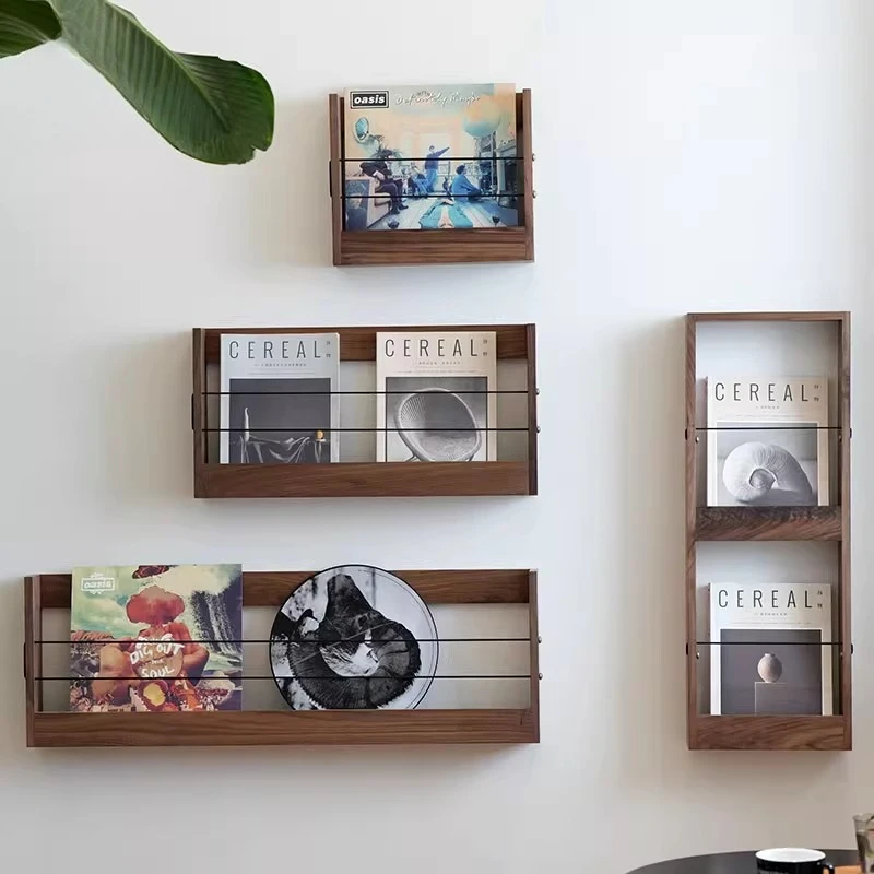 Black Walnut Book Shelf Vintage Magazine and Vinyl Record Organizer Creative Living Room Wall Decor