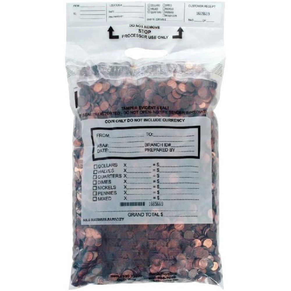 New upgrade - Poly Coin Bags,13W x 22H | 250 Pack,Tamper Evident Seal,Single Handled,Holds up to 50 lbs. of Coin,Free shipping