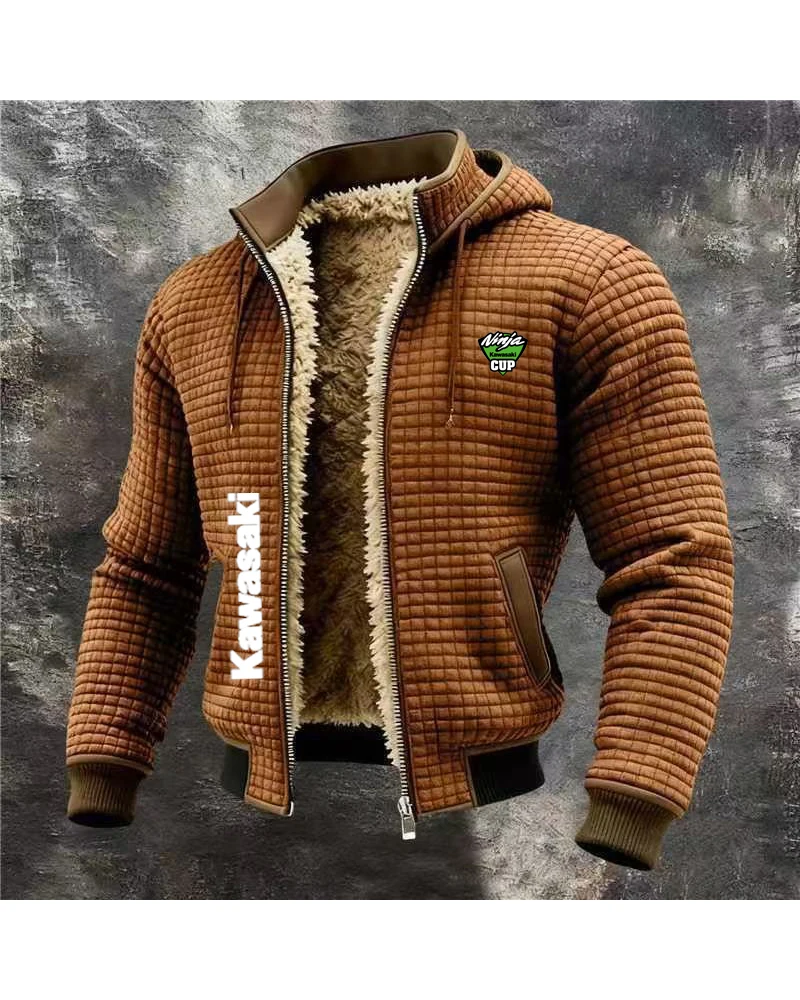 

Kawasaki's new popular spring and autumn season thick fleece hooded jacket, cross-border waffle hoodie for men