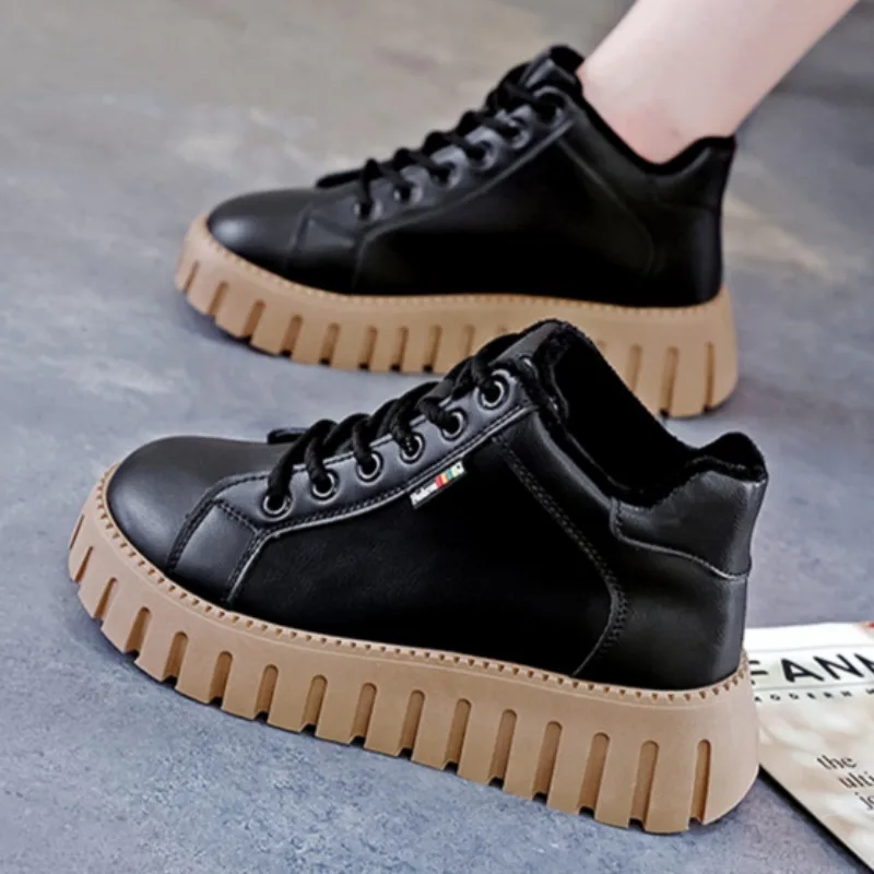 

Women Soft Plush Ankle Boots Black White Leather Casual Cotton Shoes Comfort Thick-soled Shoes Versatile Flat Shoe Botas Mujer