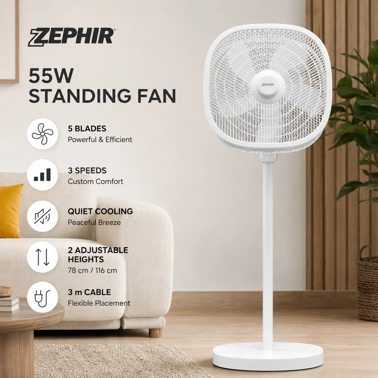 Ventilateur sur pied ZEPHIR 55W, 5 pales, 3 vitesses, hauteur réglable 78-116 cm, ventilateur oscillant avec câble de 3 m