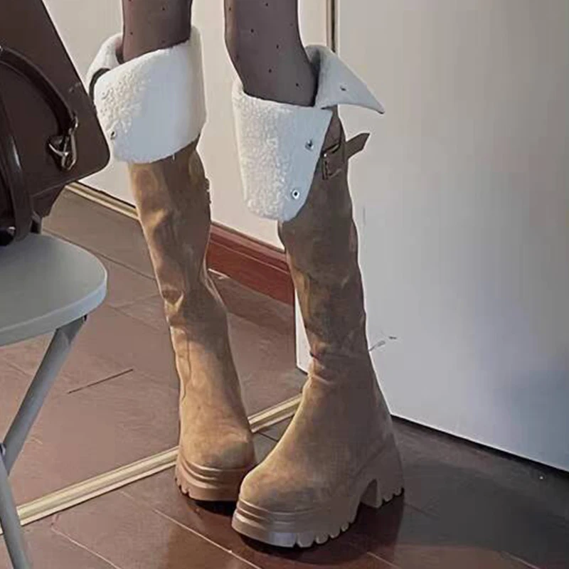 

Platform Over The Knee Women's Boots High Heels Shoes Fur Warm Snow Boots 2025 Winter New Chunky Party Shoes Chelsea Boots Mujer