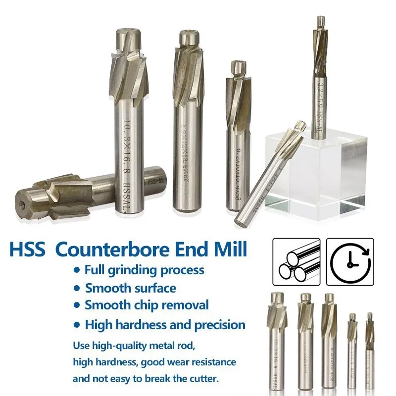 4 Flute HSS Counterbore End Mill M3-M20 Pilot Slotting Tool Milling Cutter Countersink End Mills CNC Machine Milling Tool