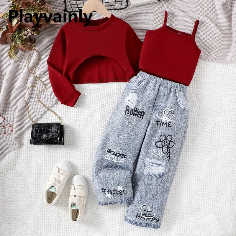 

Комплект из 3 предметов для девочек: укороченный топ с длинными рукавами, жилет на бретельках и свободные джинсы с милым принтом. Модная детская одежда B2621