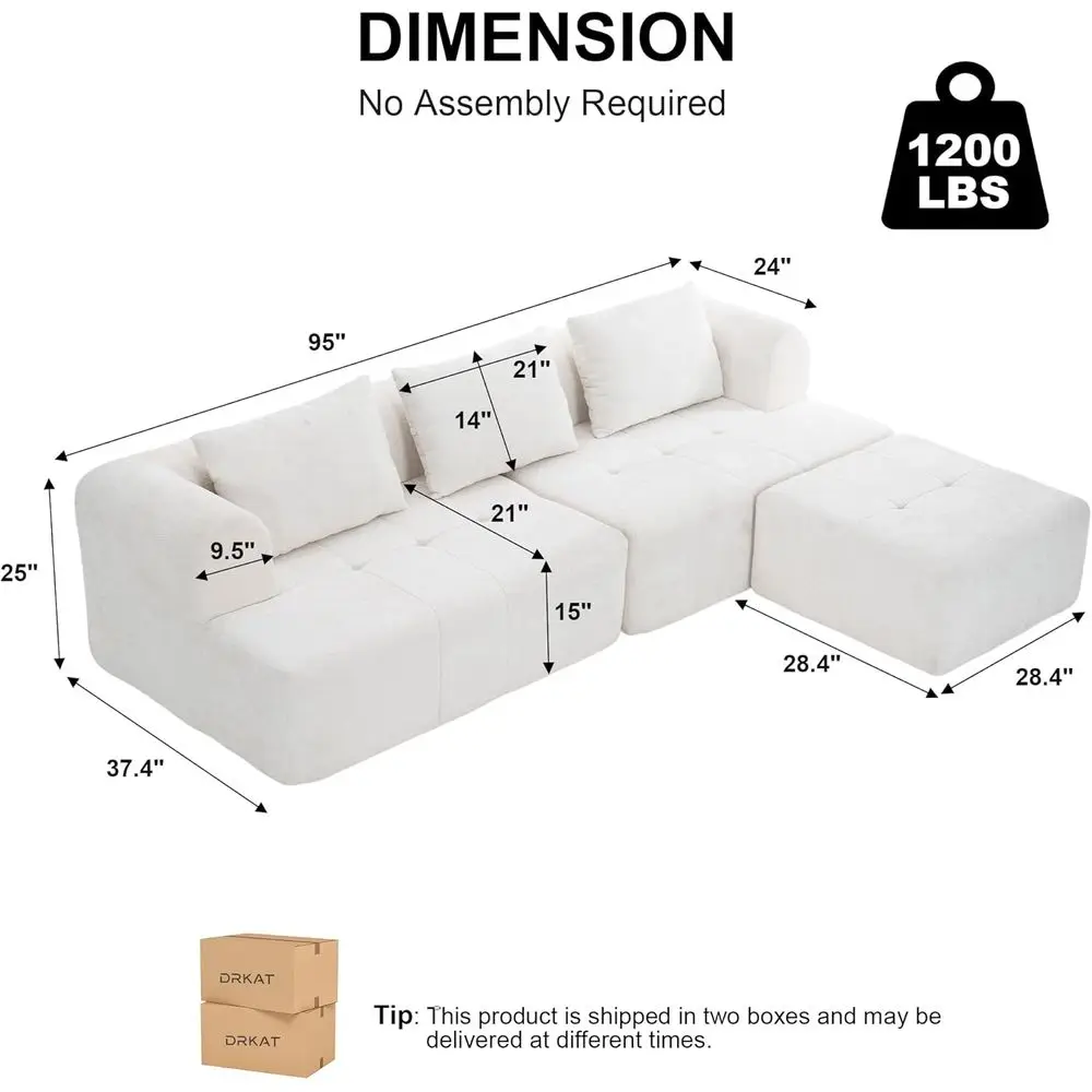 Divano componibile a L avorio 95 con posti a sedere profonde e pouf, tessuto ciniglia, mobili da soggiorno pronti da usare