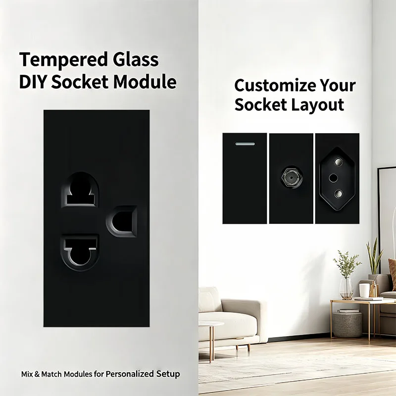 

2x4 Inch Tempered Glass Black DIY Modular Wall Plate NEMA 5-15R Duplex Outlet Interchangeable Socket Modules For Italy/US/EU