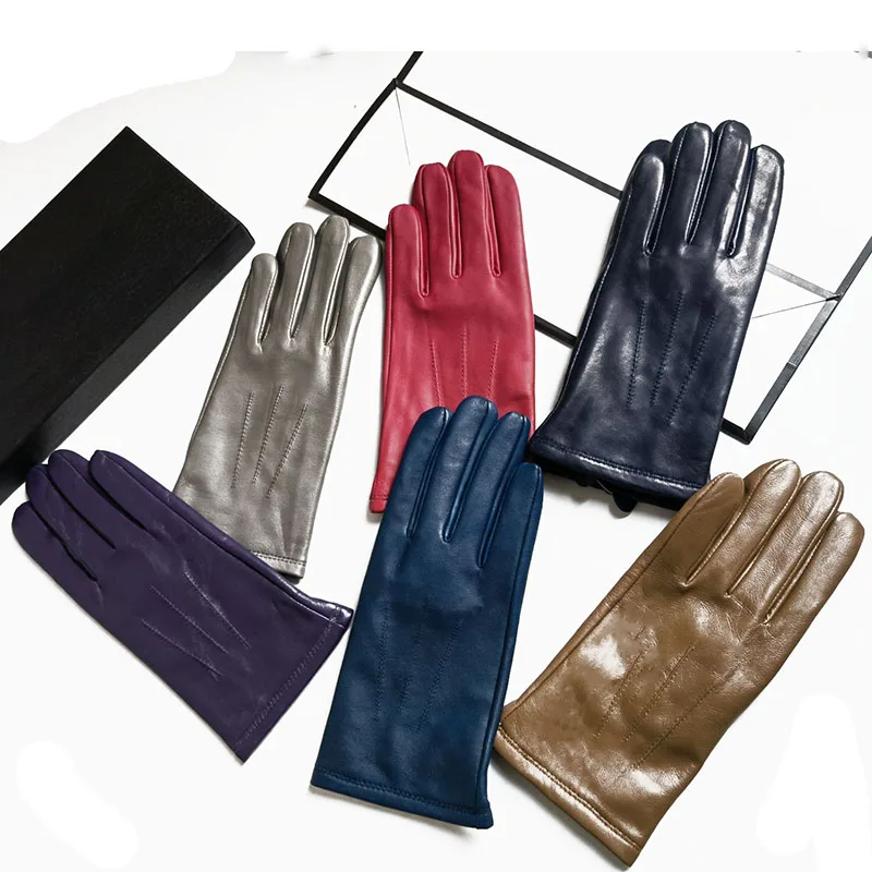 Women\'s sheepskin gloves winter warmth plus velvet touch screen driving female solid color leather gloves new high-end