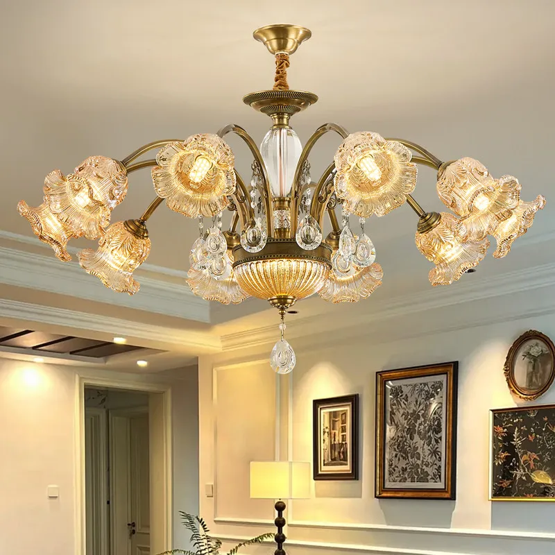 American Retro Brass Chandelier Led European Luxury Crystal Living Room Dining Room Bedroom Study Villa Hotel Pendent Lamp