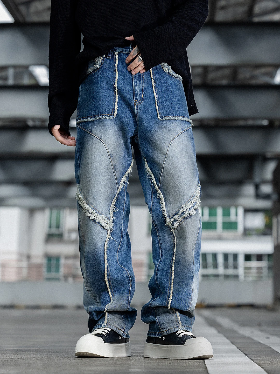 

American High Street Sle Men's Loose Straight Leg Jeans Spring Autumn Wear Tear Resistant Wide Leg Denim Pants