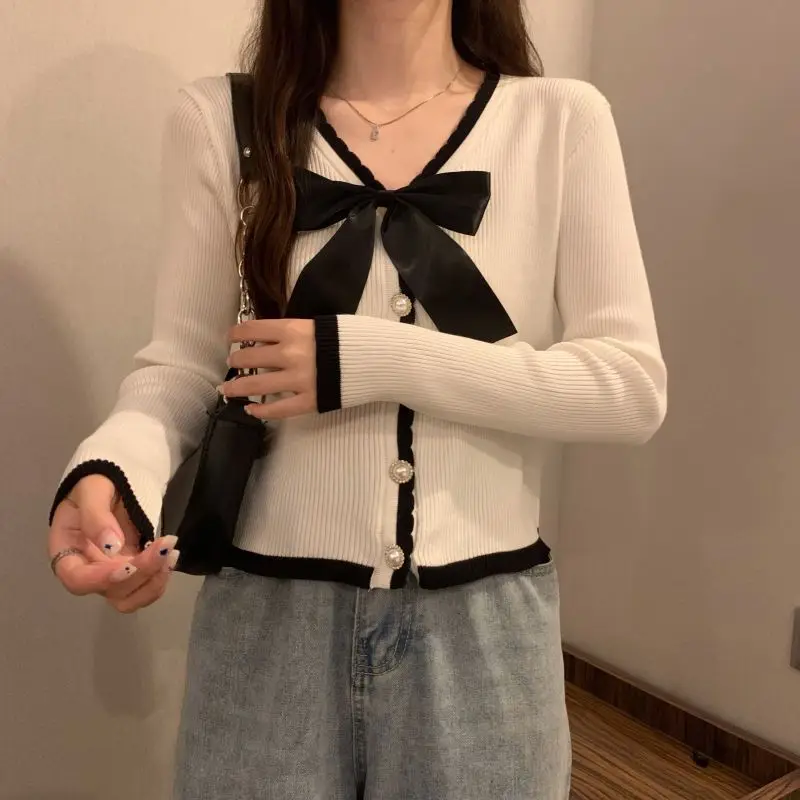 Sweet Streetwear Long Sleeve Knitted Sexy Sweet Women Cardigan Sexy Casual Bow Patchwork Single Breasted Ins Fashion Korean Top