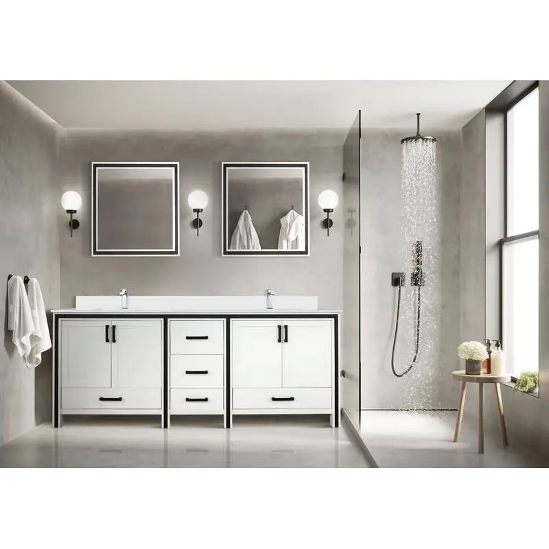 حمام مزدوج أبيض مقاس 84 بوصة مع سطح رخامي مثقف، وعمق 22 بوصة، تصميم حديث لترقية الحمام الفاخر