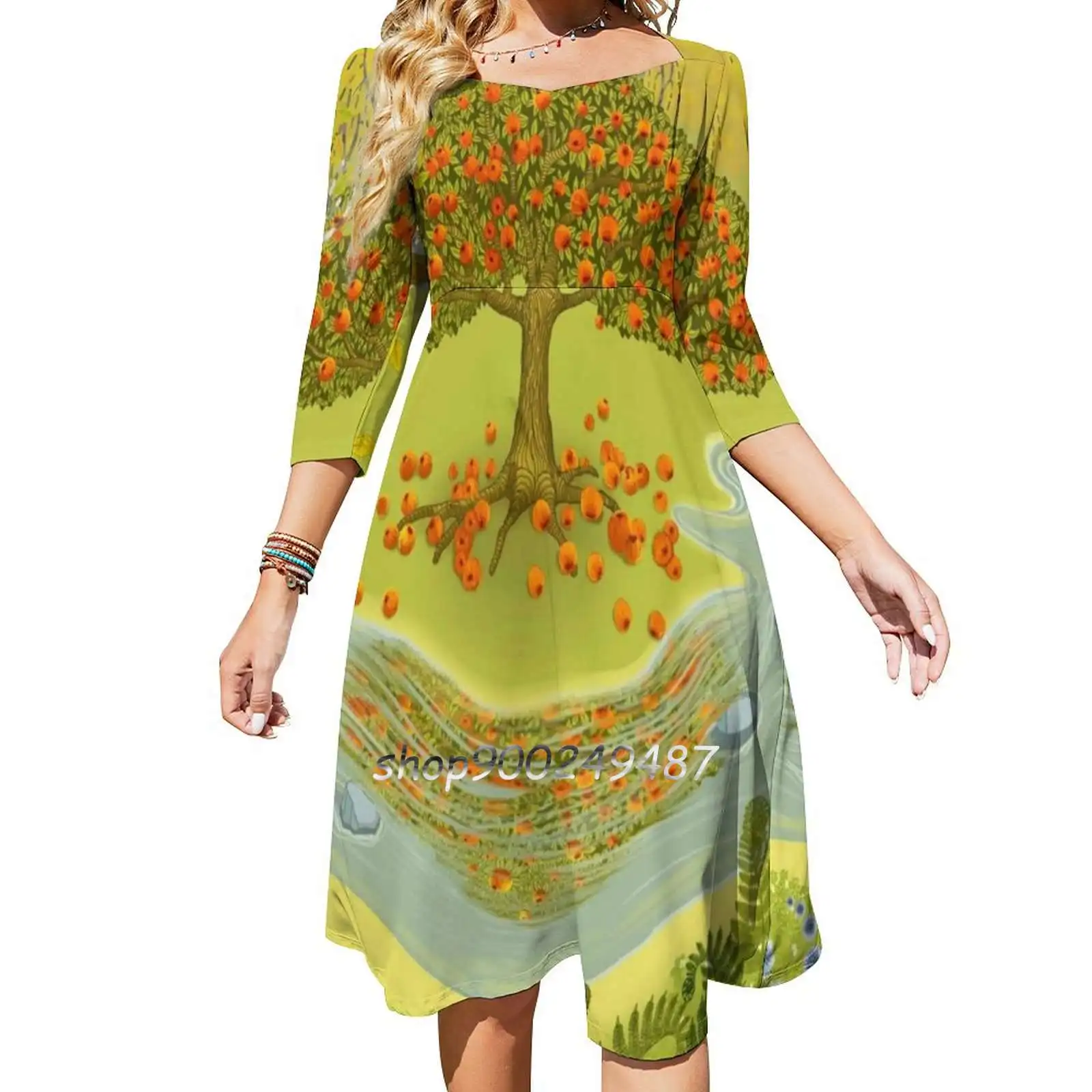 Magic Forest Women Spring Autumn Long Sleeve Dress Female Casual Dress Magic Forest Tree Spring Grass Green Light Fish Deer