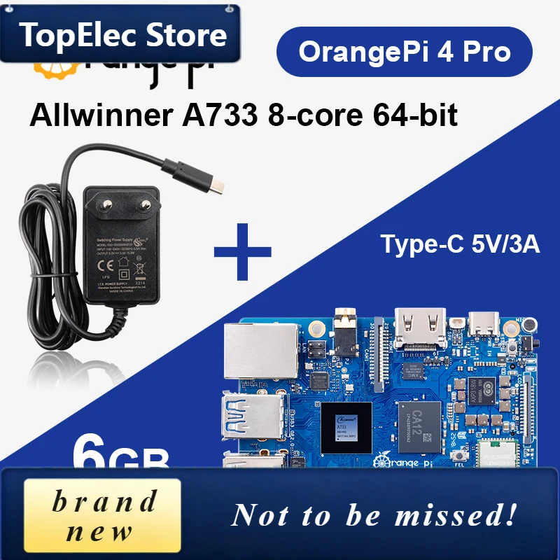 TopElec Orange Pi 4 Pro 6GB LPDDR5 + Power Supply Development Board Allwinner A733 Chip 3Tops NPU Wi-Fi6.0+BT5.4 M.2 M-Key Slot