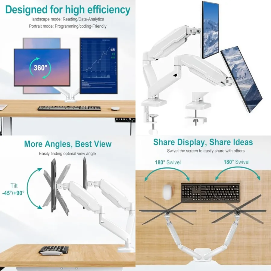 Dual Monitor Mount Fits 13 to 32 Inch Screen, Height Adjustable Monitor Stand for 2 Monitors, Full Motion Display Arm Holds up to 17. 6lbs Each, Computer Desk VESA Mount, White