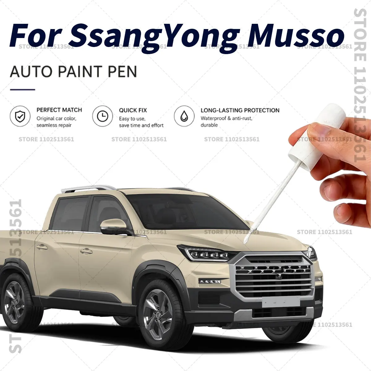 Autolack-Kratzer-Reparaturstift, Lackstift, Autolack-Kratzer- und Schädenentferner-Werkzeug für KGM SsangYong Musso, Weiß, Schwarz