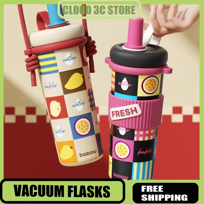 

Чашка-термос Bablov большой емкости, изолированная бутылка из нержавеющей стали с ремешком, портативные спортивные бутылки для воды на открытом воздухе, соломенная чашка