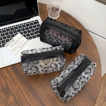 Black Mesh Cute Makeup Bag Portable Cosmetic Pouch Large Capacity Travel Toiletry