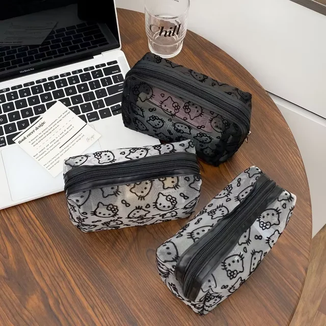 Black Mesh Cute Makeup Bag Portable Cosmetic Pouch Large Capacity Travel Toiletry