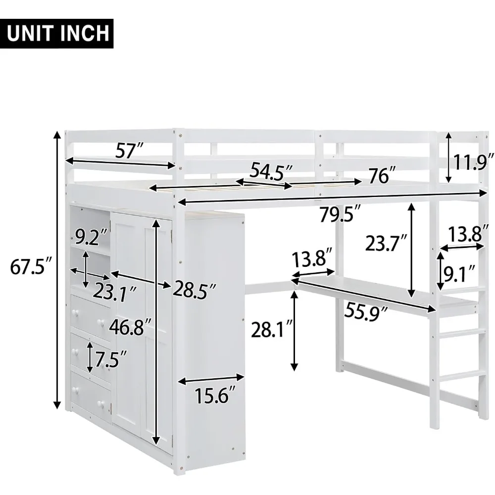 Wood Full Size Loft Bed with Built-in Desk and Wardrobe, 2 Shelves and 3 Storage Drawers, Wooden Loft Bed Frame with Ladder