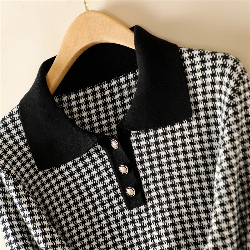 

Осень и зима, новый вязаный свитер из 100% хлопка с воротником-поло, женская клетчатая рубашка с лацканами, топ