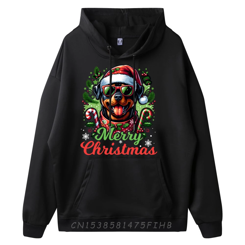 Festive Rottweiler Santa Hat Cheerful Christmas Dog Tee Xmas Red And Black Graphic Hoodies Winter Tshirts Men Gift