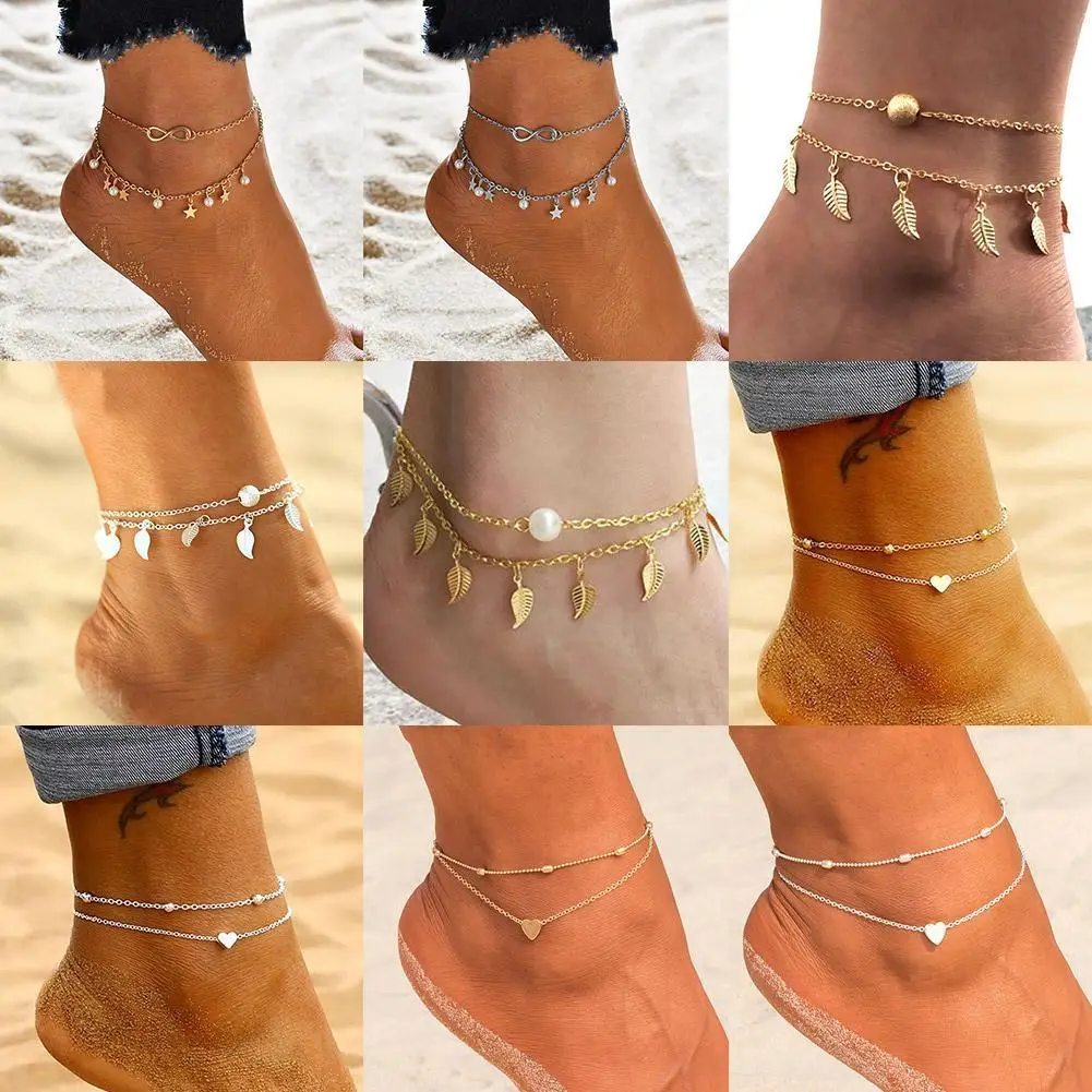 Leaf Anklets Bracelet Women Double Foot Chain Ankle Bracelets Bohemian Gold Color Leaves Anklet Jewelry For Foot Summer Bea N1N8