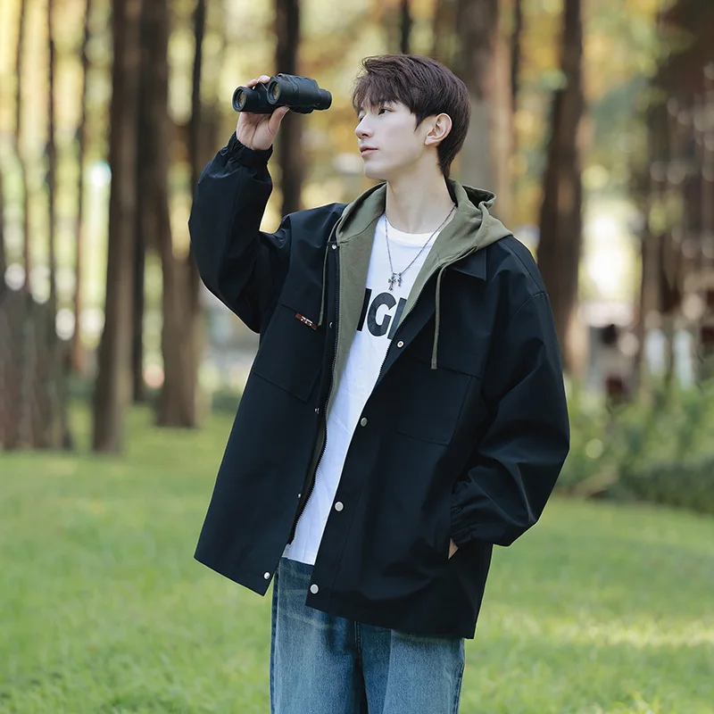 

Молодежная куртка для мужчин, весенне-осенняя повседневная куртка из полиэстера с капюшоном, потертый дизайн из двух частей