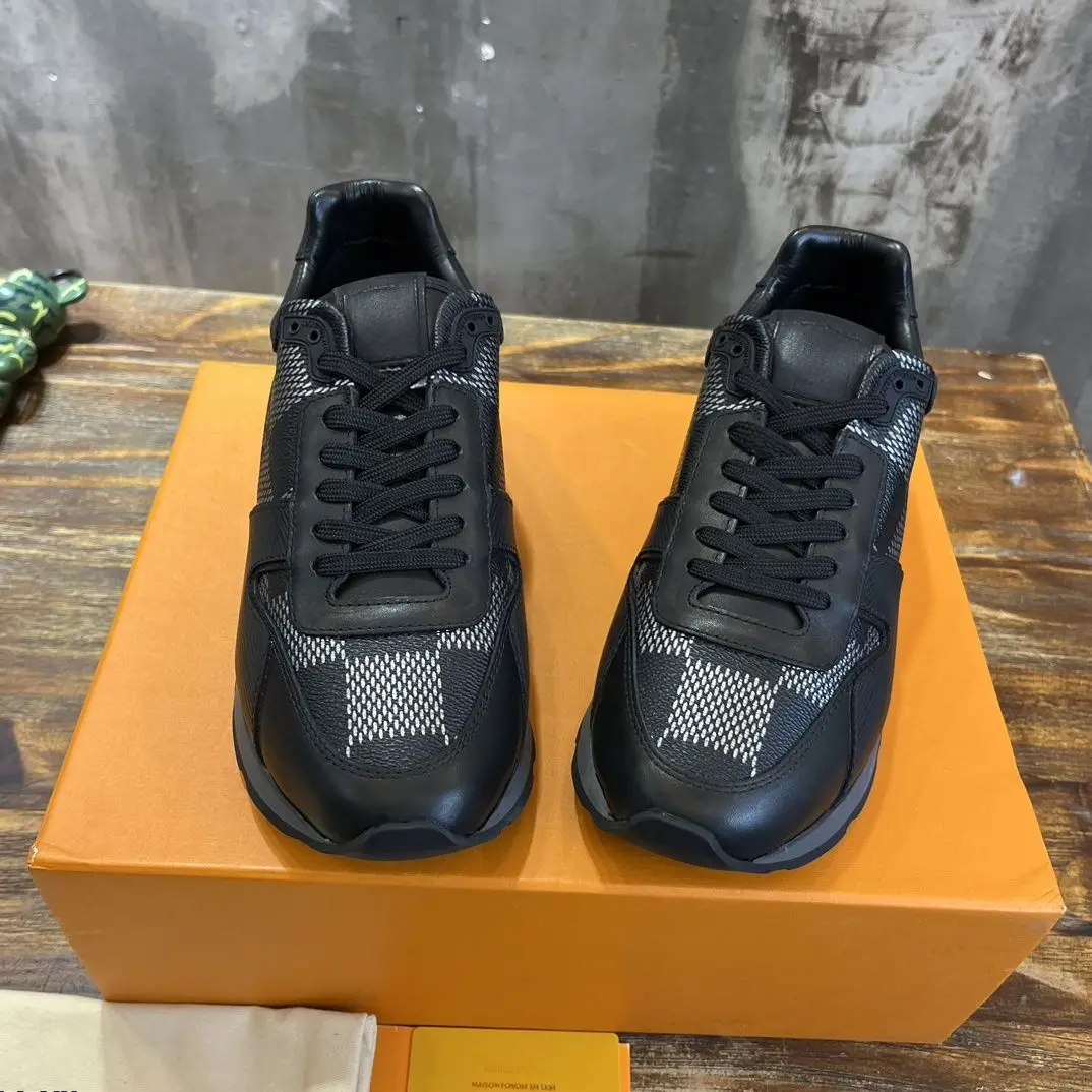 Unisex Minimalist Lace-up Sneakers Black Check Mesh Leather Splicing Non-slip Rubber Outsole Daily Shoes