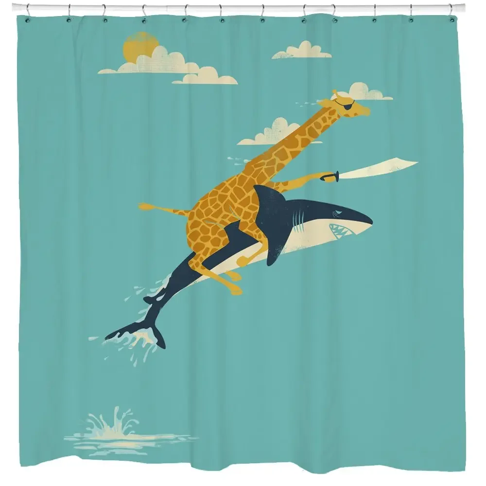 Pirate Shower Curtain Set Kids Bathroom Decor Giraffe Riding Shark Beach Theme Art Waterpoof Fabric