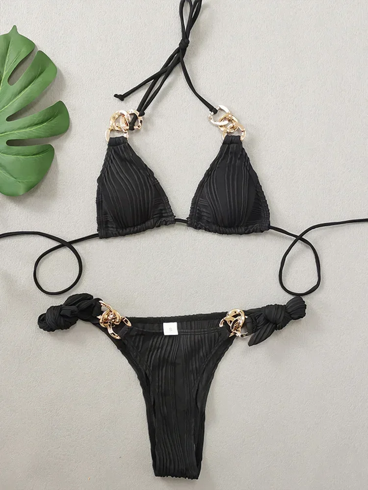 Bikini allacciato con fibbia in metallo sexy Set da 2 pezzi Costume da bagno diviso da donna Bikini da spiaggia a vita alta 2025 Nuovo set bikini da bagno estivo