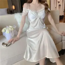 White Bride Nightgown Womens Satin Nightdress Lace Slash neck Sleepwear Nighty Gown Summer Nightwear Home Dress Loungewear