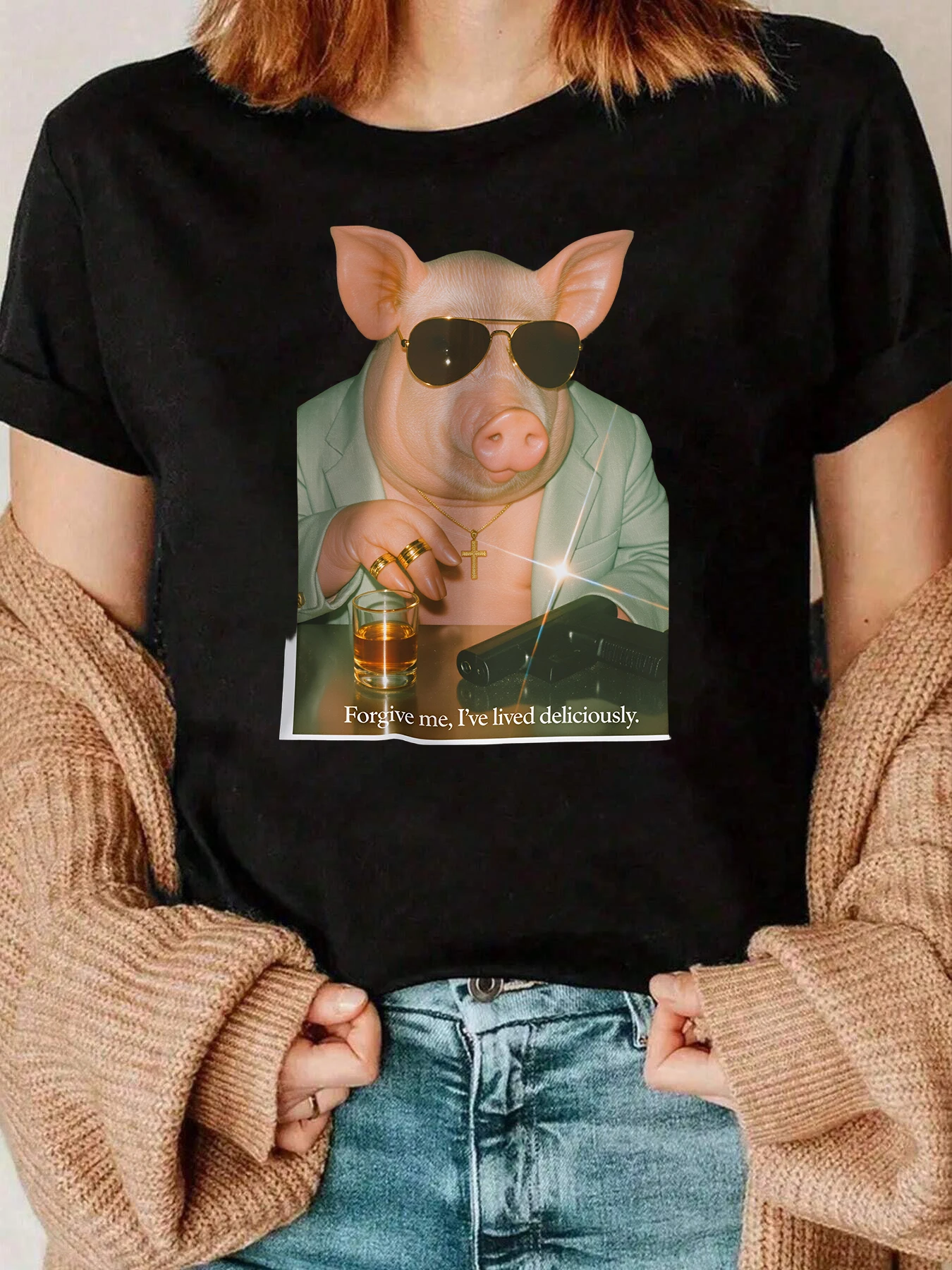 Koszulka świąteczna z nadrukiem świnki w okularach przeciwsłonecznych i whisky, odzież codzienna dla kobiet, 220g