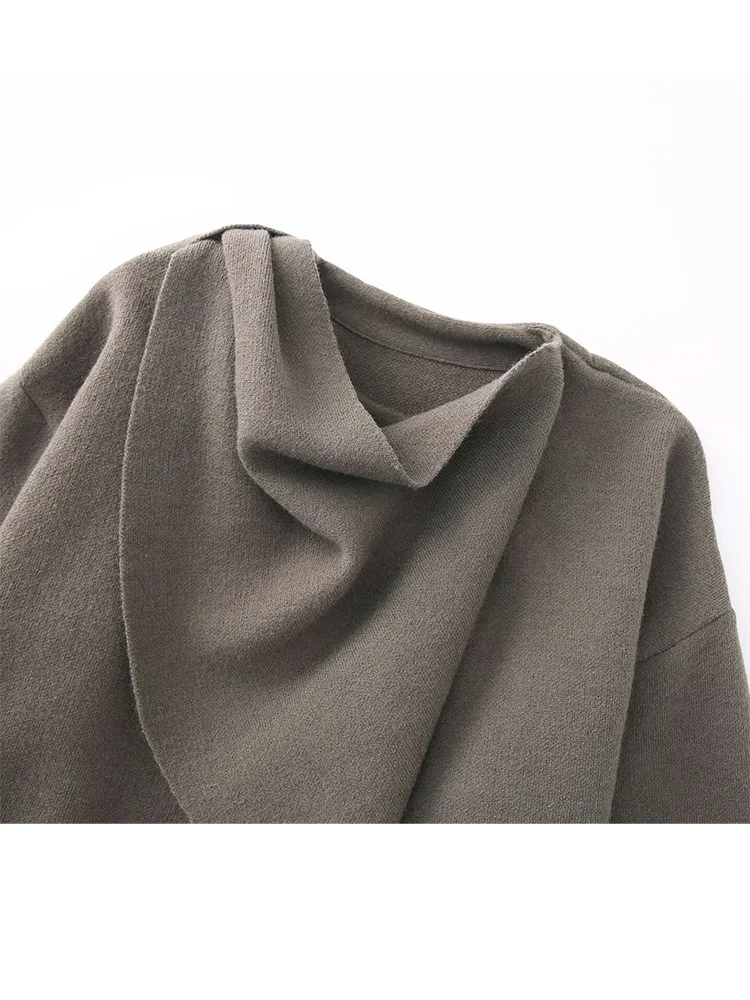 HH-abrigo de estilo callejero para mujer, cárdigan de punto a cuadros de otoño, bufanda elegante con cuello, decoración de bolsillo, abrigo corto holgado de manga larga