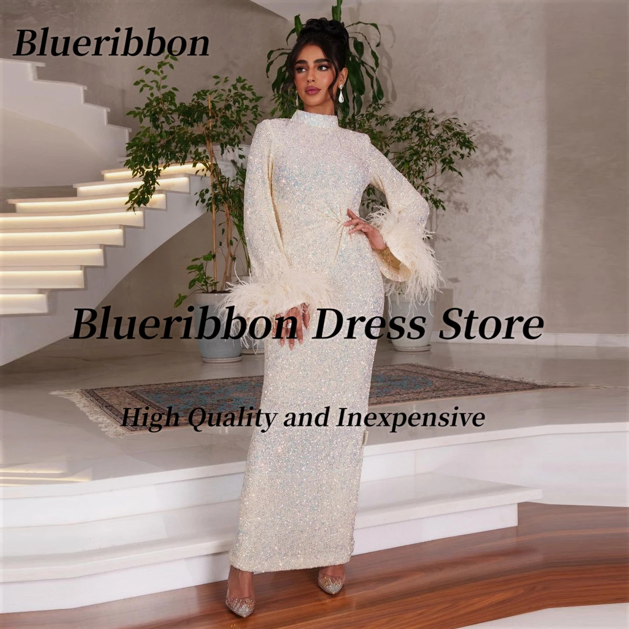 

Blueribbon Sparkling Ankle Length Prom Dress High Collar Vestidos De Fiesta Feathers Long Sleeves Evening Party Special Banquet