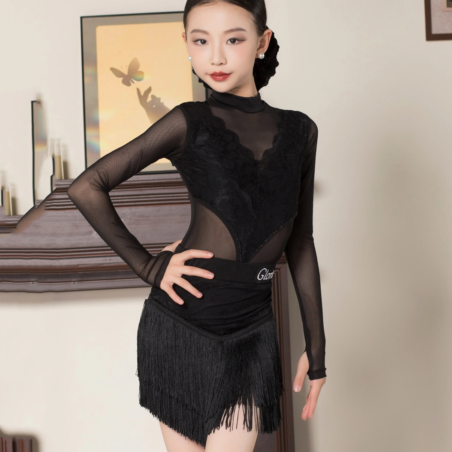 2025 neue Latin Dance Performance Bühne Kostüme Für Mädchen Mesh Ärmeln Quaste Röcke Anzug Samba Chacha Latin Dance Tragen XH 3761