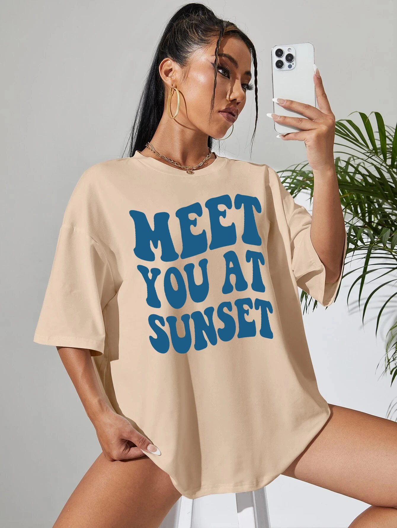 

Meet You At Sunset Interesting Letter Printing Women Tshirts Summer O-Neck T-Shirts Street Hip Hop Clothes Cool Short Sleeve