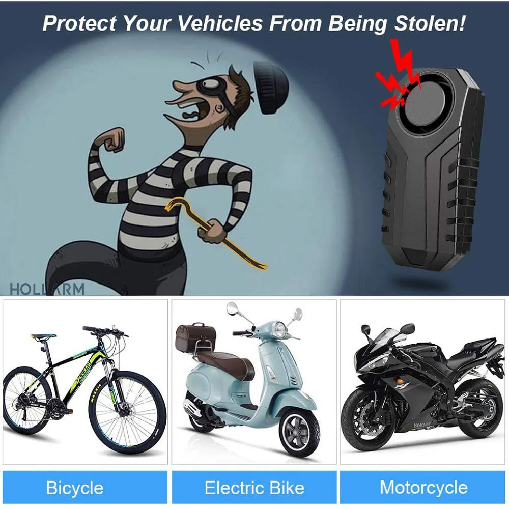 Hollarm Wireless Bicycle Vibration Alarm IP55 Waterproof Motorcycle Alarm Remote Control Anti-theft Bike Detector Alarm System