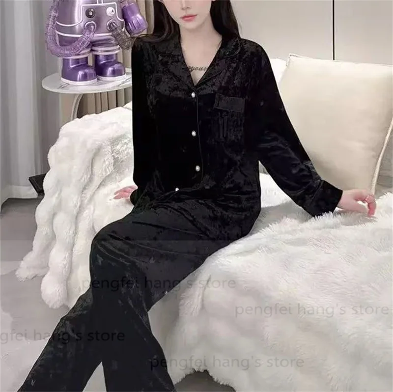 الأزرق القطيفة منامة دعوى النساء الخريف الشتاء جديد بيجامة لينة ملابس المنزل بنطلون دعوى التطريز الخامس منامة فام المتسكعون