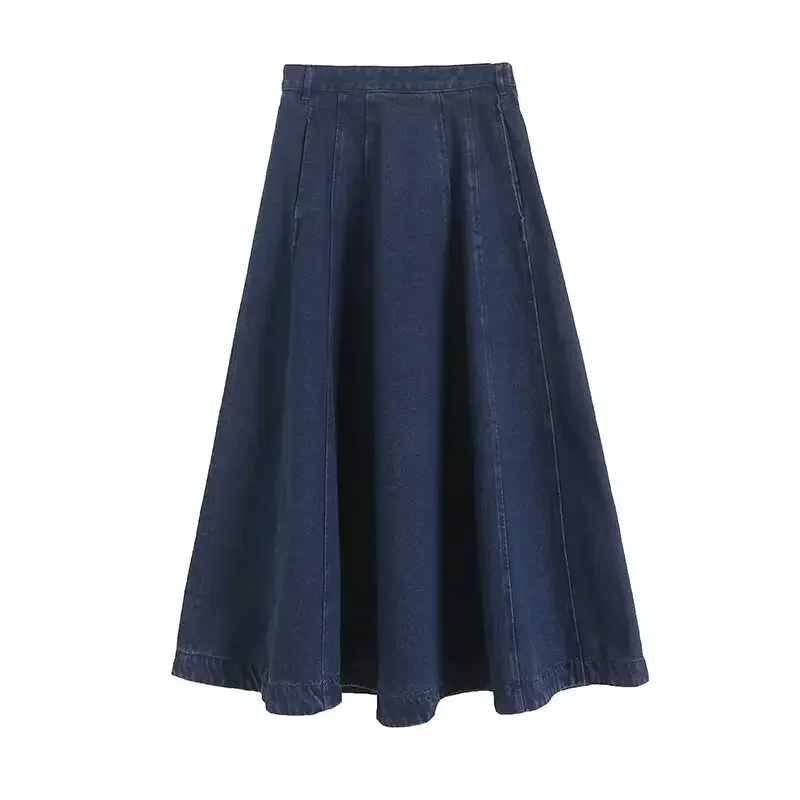 

Women's Spring 2024 New Fashion Joker Casual Seam Denim Fabric Pleated Long Skirt Retro Side Zipper Skirt Mujer