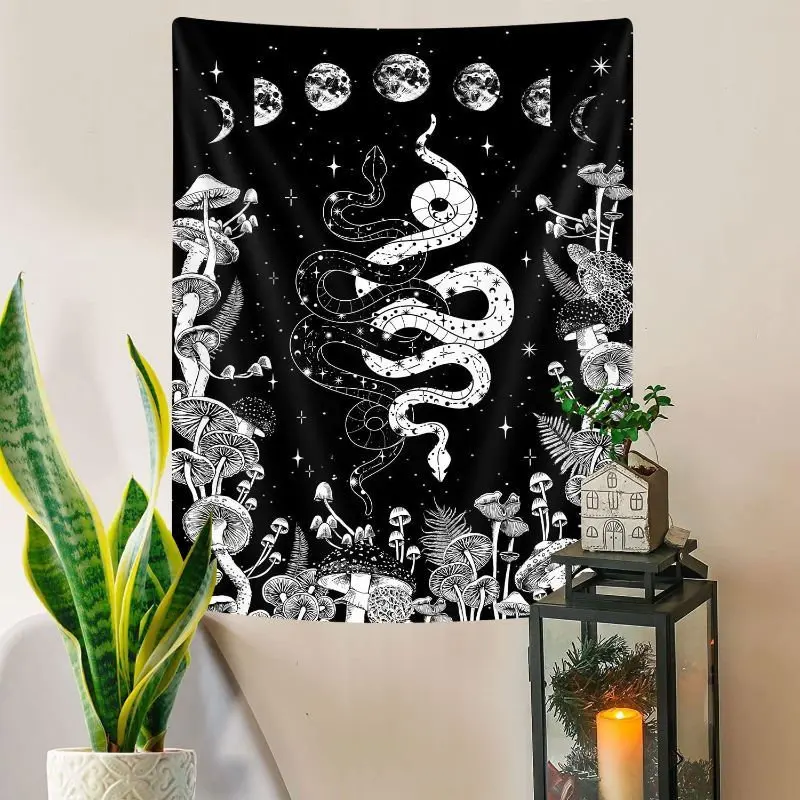 VIKAMA Gothic Tarot Death Black Cat Tapestry Wall Hanging Moon Phases Stars Witchy Occult Aesthetic Wall Art Bedroom Dorm Decor