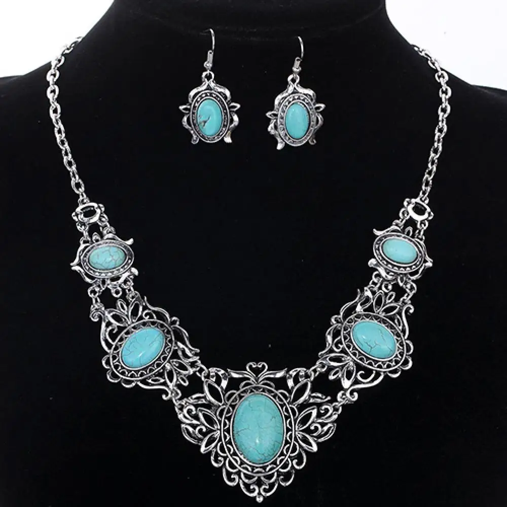 Necklace Earrings Necklace Earrings Jewelry Set Women Jewelry Set Hollow Women\\\'s Tibetan Oval Turquoise Bib Collar Jewelry Set