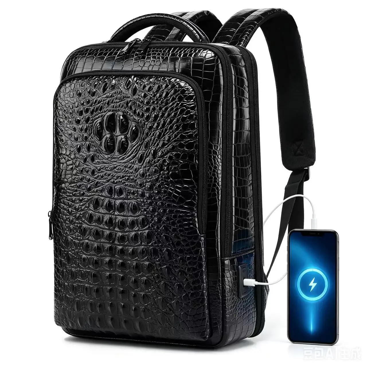 New Men's Crocodile patterned leather laptop backpack with USB 180 Degree Opening and Closing retro business Backpack schoolbag