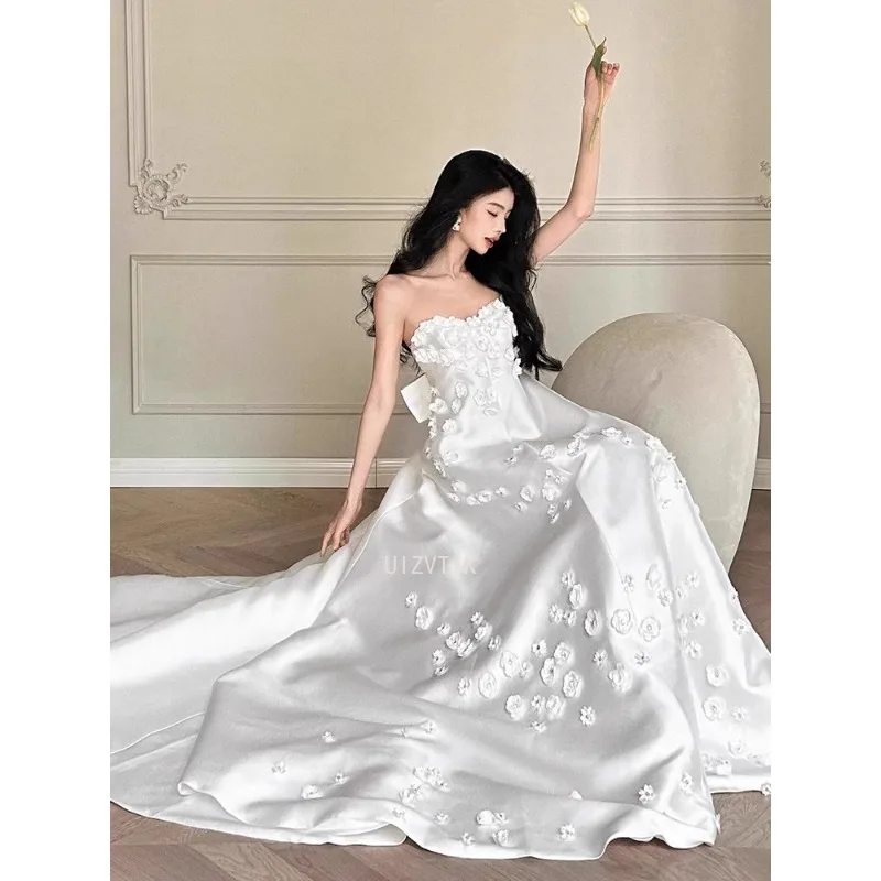 White Luxury Wedding Dresses Woman's A Line 3D Flowers  Sleeveless Bridal Gowns Strapless Princess Formal Party estidos De Noche