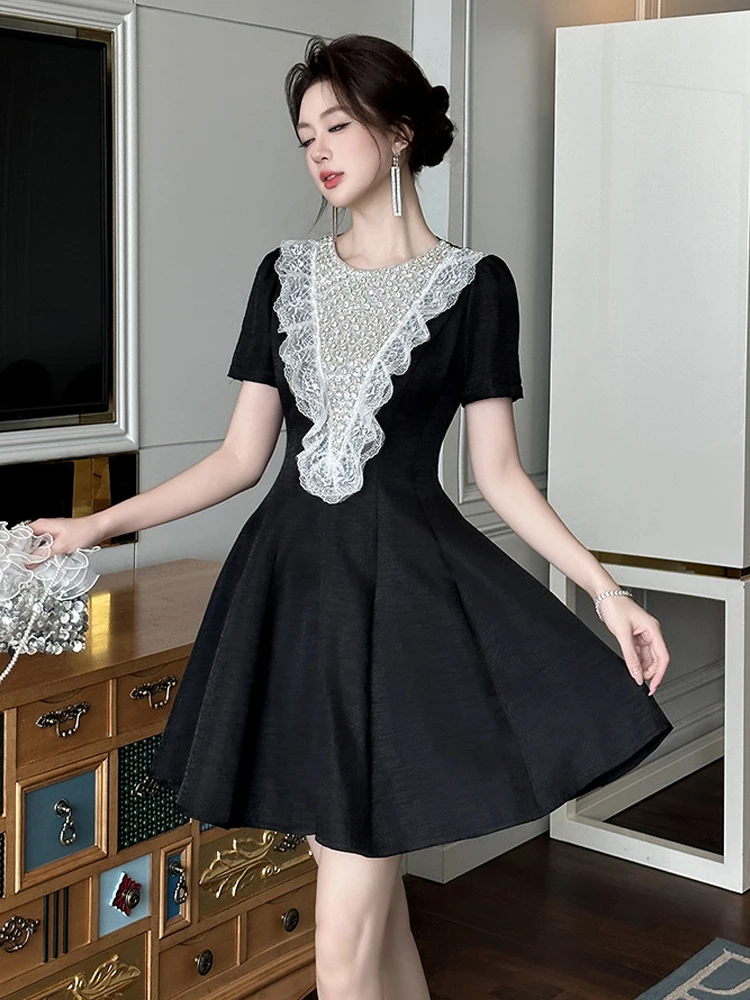 여성 의류 이브닝 블랙 레이스 프릴 짧은 소매 슬림 a 라인 미니 짧은 드레스 우아한 럭셔리 패션 파티 댄스 파티 드레스 새로운