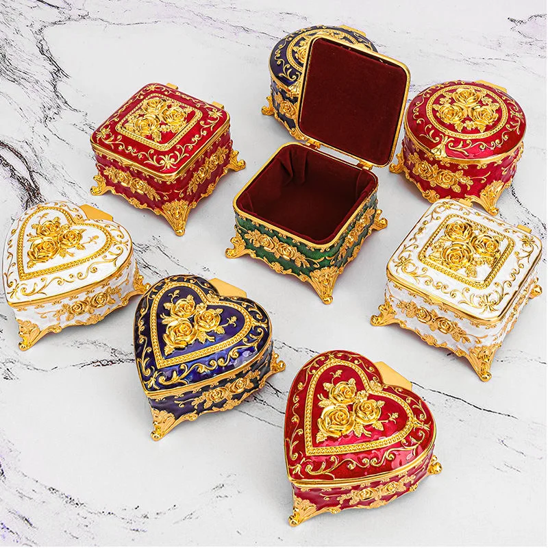 

European Vintage Rose Jewelry Storage Box Retro Light Luxury Jewelry Box Ornament Enamel Color Dresser Metal Storage Box