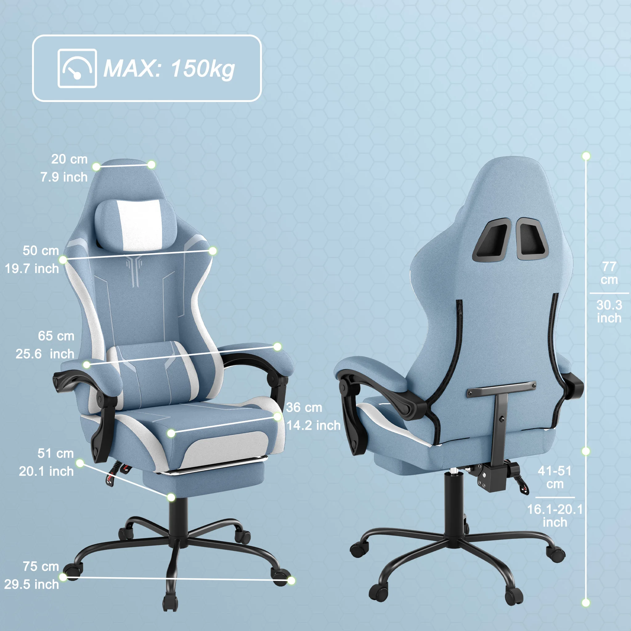 Ergonomische gamingstoel, in hoogte verstelbare draaibare pc-computerstoel met intrekbare voetensteun en afneembare hoofdsteun en lumbale kussens, bureaustoel van suède of PU-stof, max. draagvermogen