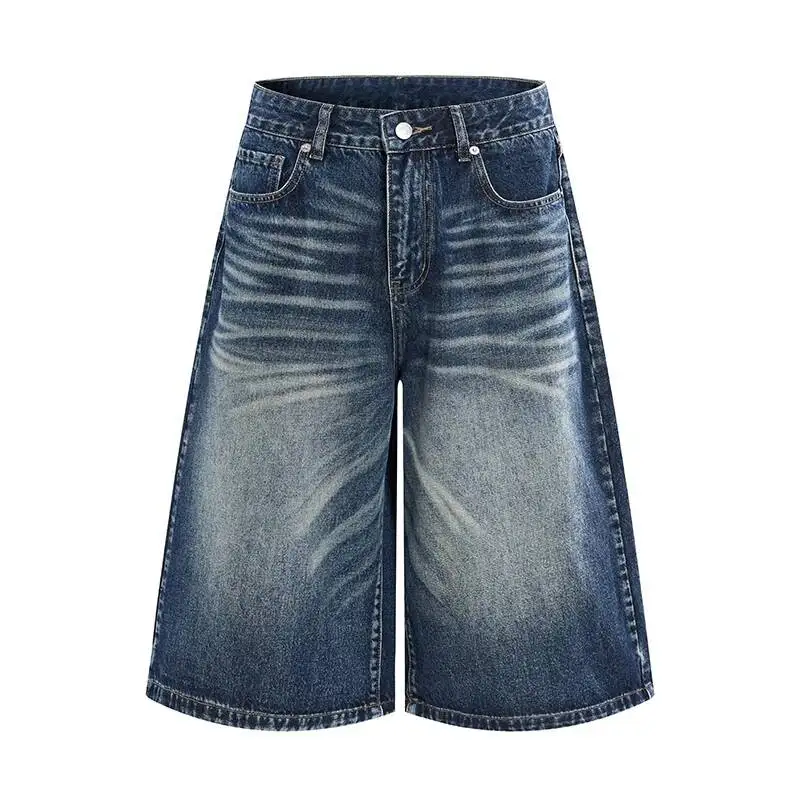 Chic Men's Baggy Denim Shorts American Casual Minimalist Vintage Wash Wide Leg High End Streetwear Knee Length Pants 9XSNFT